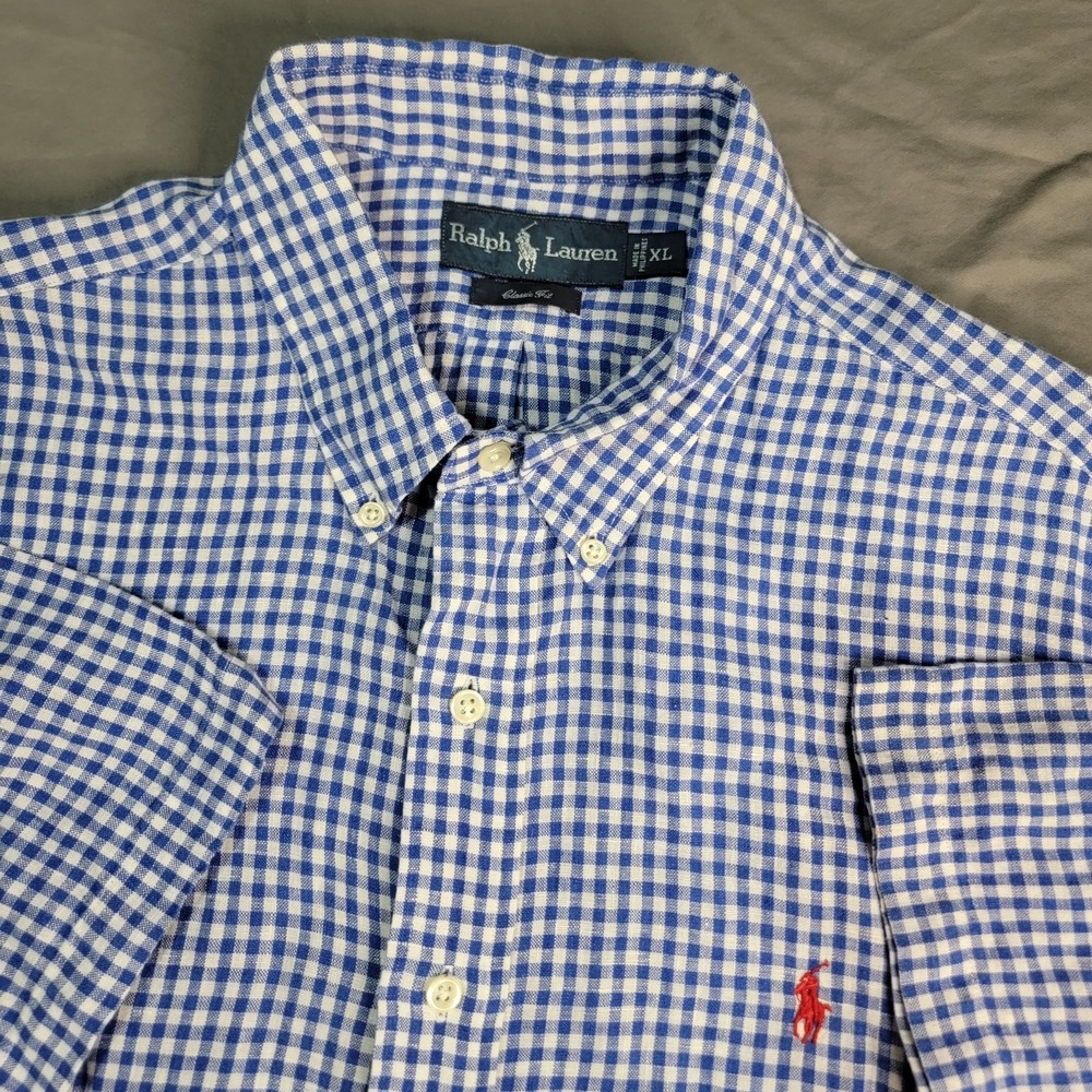 Ralph Lauren Linen Shirt Men's XL Blue Gingham Check Red Pony Short Sleeve